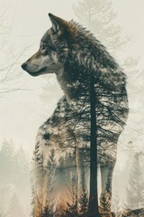 Double exposure of wolf with mountains in the background