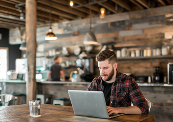 Entrepreneur man working on laptop in a modern cafe shop, remote worker / digital nomad - obrazy, fototapety, plakaty