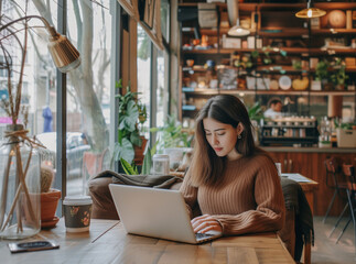 Entrepreneur woman working on laptop in a modern cafe shop, remote worker / digital nomad