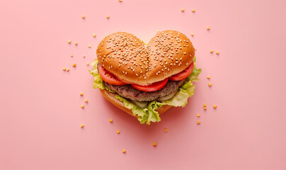 heart shaped burger seen from above on a pink pastel background, copy space wallpaper - obrazy, fototapety, plakaty