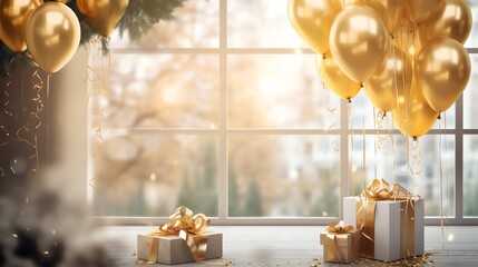 Birthday greeting background with bouquet of golden balloons and giftboxes. AI generated image.
