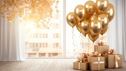 Birthday greeting background with bouquet of golden balloons and giftboxes. AI generated image.