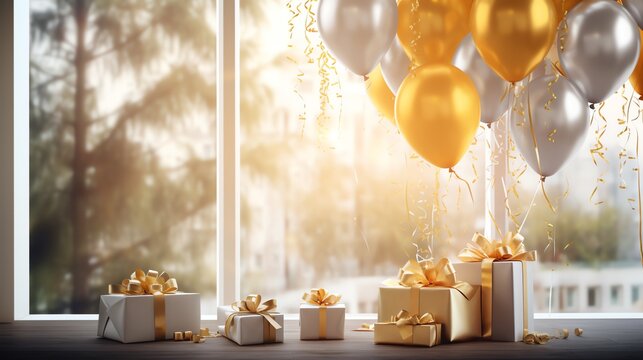 Birthday greeting background with bouquet of golden balloons and giftboxes. AI generated image.