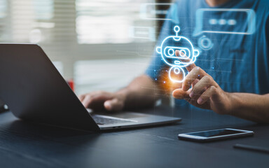 AI. Digital chatbot experience at your fingertips. Communication technology using chatbot robots and access to big, globally connected data.