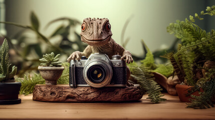 Fototapeta premium A captivating 3D illustration showcasing a dinosaur equipped with a camera