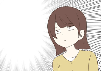 スンとした表情の女性　集中線