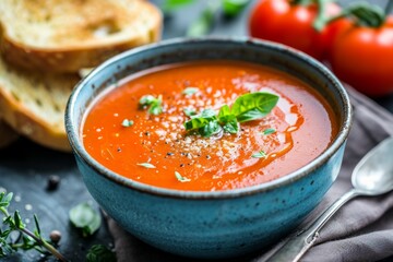 Parmesan soup with tomato toasts basil in blue pottery