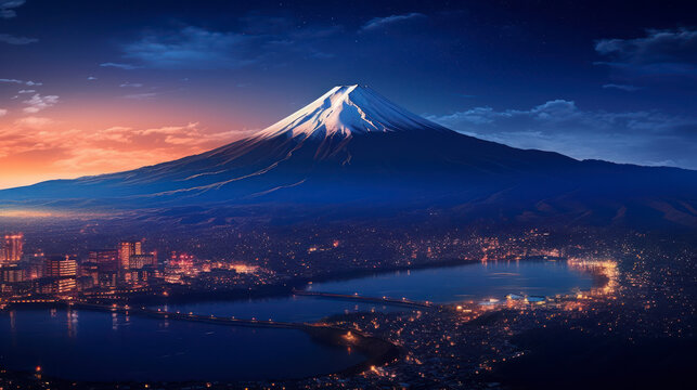 Captivating Skyline View at Dusk over Illuminated Cityscape and Mount Fuji Landscape. Generative AI
