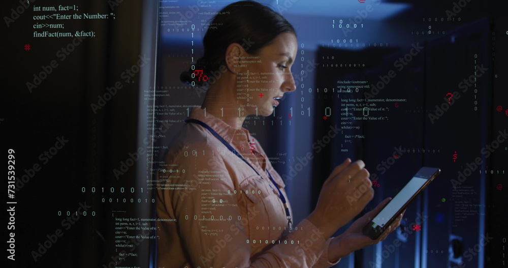 Poster image of data processing over caucasian female it engineer and computer servers