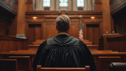 Naklejka premium Rear view photo of man, judge in black robe sitting in empty courtroom and looking to wooden benches.