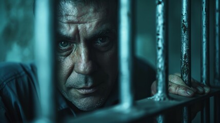View through iron restrictive bars on male criminal sentenced to long term in prison.