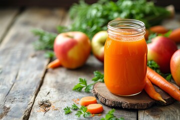 Fresh healthy juice in a glass jar placed on a rustic wooden table