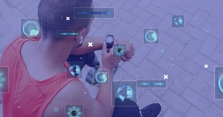 Image of interface icons processing data over male athlete with prosthetic leg using smartwatch