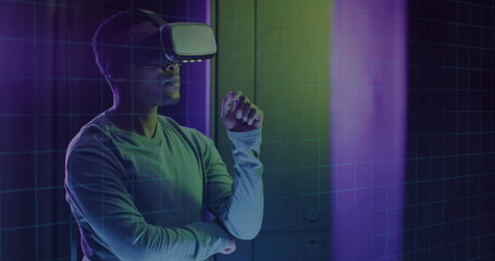 Image of 6g text and data over african american male it engineer in vr goggles computer servers