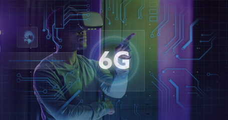 Image of 6g text and data over african american male it engineer in vr goggles computer servers