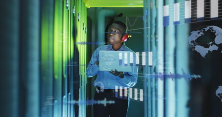Image of data processing over african american male it engineer and computer servers