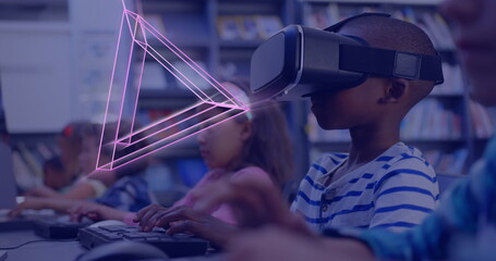 Image of glowing 3d shapes over african american boy using vr headset