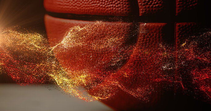Image of glowing orange particles moving over basketball