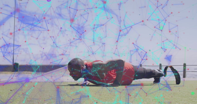 Image of colourful networks over male athlete with running blade exercising outdoors