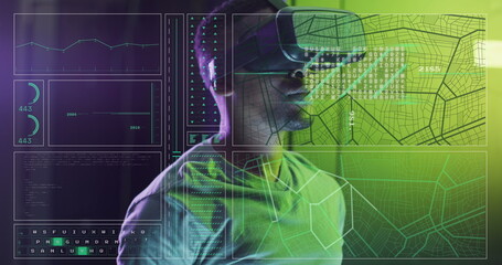 Image of data processing, african american male it engineer in vr goggles and computer servers