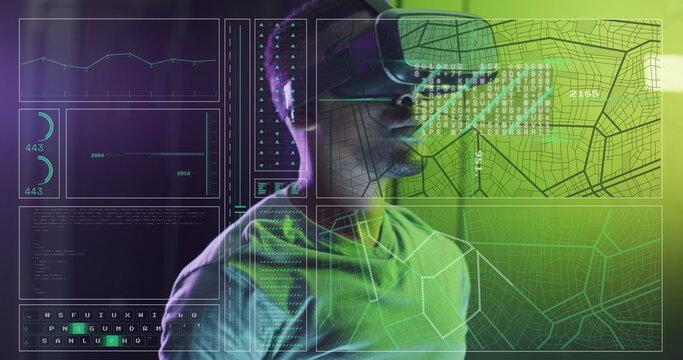 Image of data processing, african american male it engineer in vr goggles and computer servers