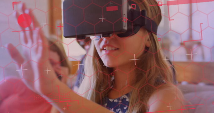 Digital interface with data processing against caucasian girl wearing vr headset at home
