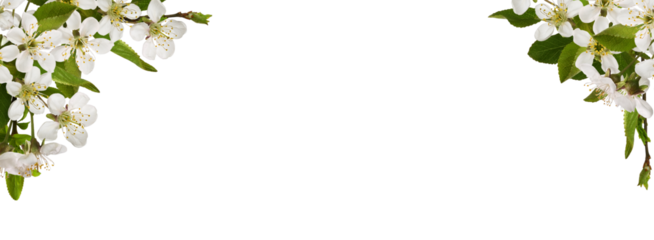 Spring floral corners arrangements with small green leaves and flowers of cherry isolated on white or transparent background. Spring header.