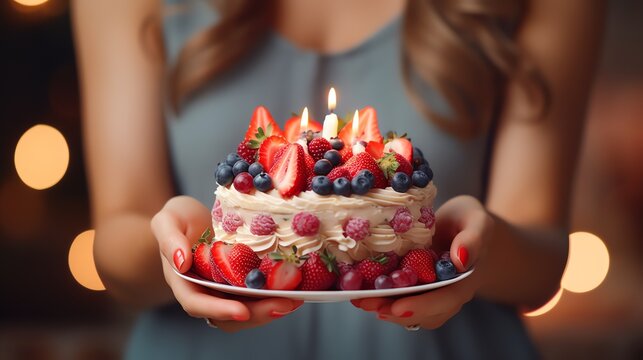 Woman hands holding a birthday cake with candles. Make a wish. AI generated image.
