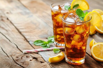 Space for text on wooden table with delicious iced tea