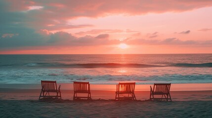 Fototapeta na wymiar Empty chairs on sandy beach at sunrise or sunset.