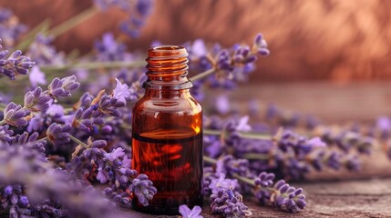 
Glass bottle with essential oil among the lavender blossoms, A bottle of lavender essential oil with fresh lavender twigs