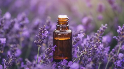 Obraz na płótnie Canvas Glass bottle with essential oil among the lavender blossoms, A bottle of lavender essential oil with fresh lavender twigs