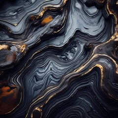 Liquid obsidian creating dramatic patterns on a solid, volcanic rock surface