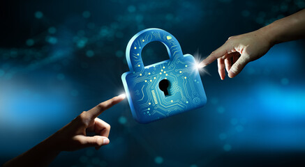 Businessmen hands pointing Keyhole in data security. Cyber data and information privacy. Future...
