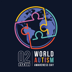 Wolrd Autism Awareness Day - Colorful line jigsaw puzzle sign in circle globe world sign on black background vector design