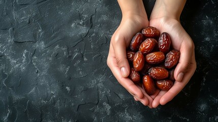 Hands holding dates fruit on dark stone background