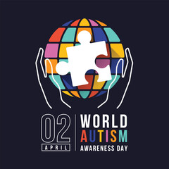 Wolrd Autism Awareness Day - White line hands hold jigsaw puzzle sign in colorful globe world sign on black background vector design