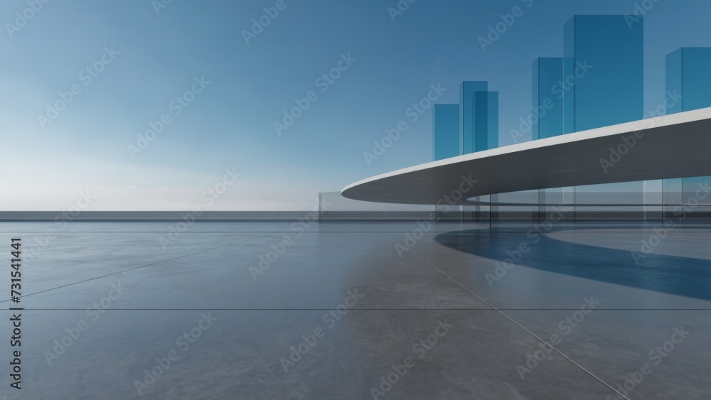 Poster 3d render of abstract futuristic architecture with empty concrete floor. Scene for car presentation.