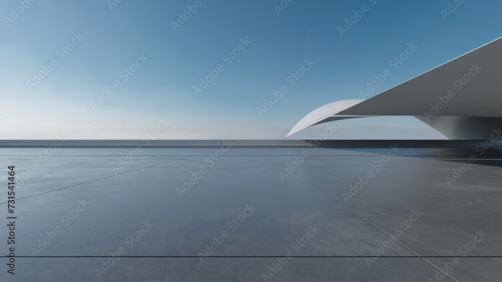 Aufkleber 3d render of abstract wavy futuristic architecture with concrete floor.