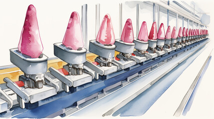 Ice cream cones on a conveyor sketch. Ice cream factory illustration.