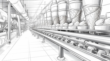 Ice cream cones on a conveyor sketch. Ice cream factory illustration.