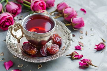Obraz na płótnie Canvas tea’s deep red hue contrasts beautifully with the pink roses and grey background, creating a visually appealing composition