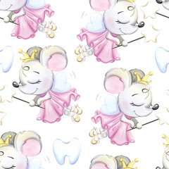Watercolor seamless pattern cartoon with princess fairy tooth. Mouse with crown. Roses and gold polka dot background for textile, printable, congratulations