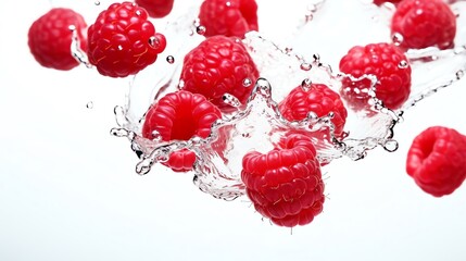 Raspberries  floating in the crystal clear water. Organic food concept. AI generated image.