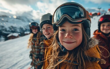 Fototapeta na wymiar girl skier with friends with Ski goggles and Ski helmet on the snow mountain