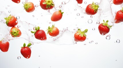 Strawberries floating in the crystal clear water. Organic food concept. AI generated image.