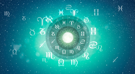 Astrological zodiac signs inside of horoscope circle. Astrology, knowledge of stars in the sky over the milky way and moon. The power of the universe concept.