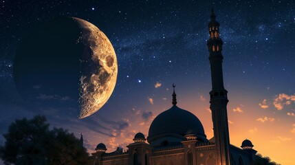 mosque with crescent moon background at night with stars