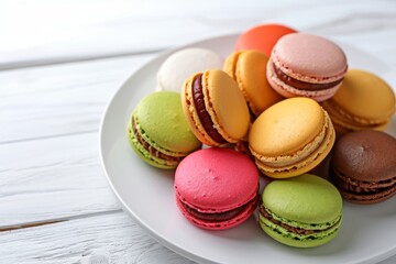 Various French macarons in different colors and flavors on a white plate against a white wooden background Homemade pastries bakery Empty area for text
