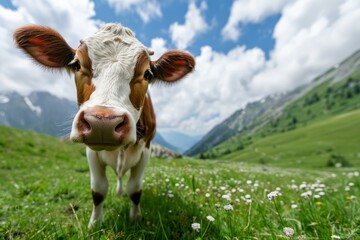Fototapeta na wymiar Amusing cow posing with Alps on a green meadow